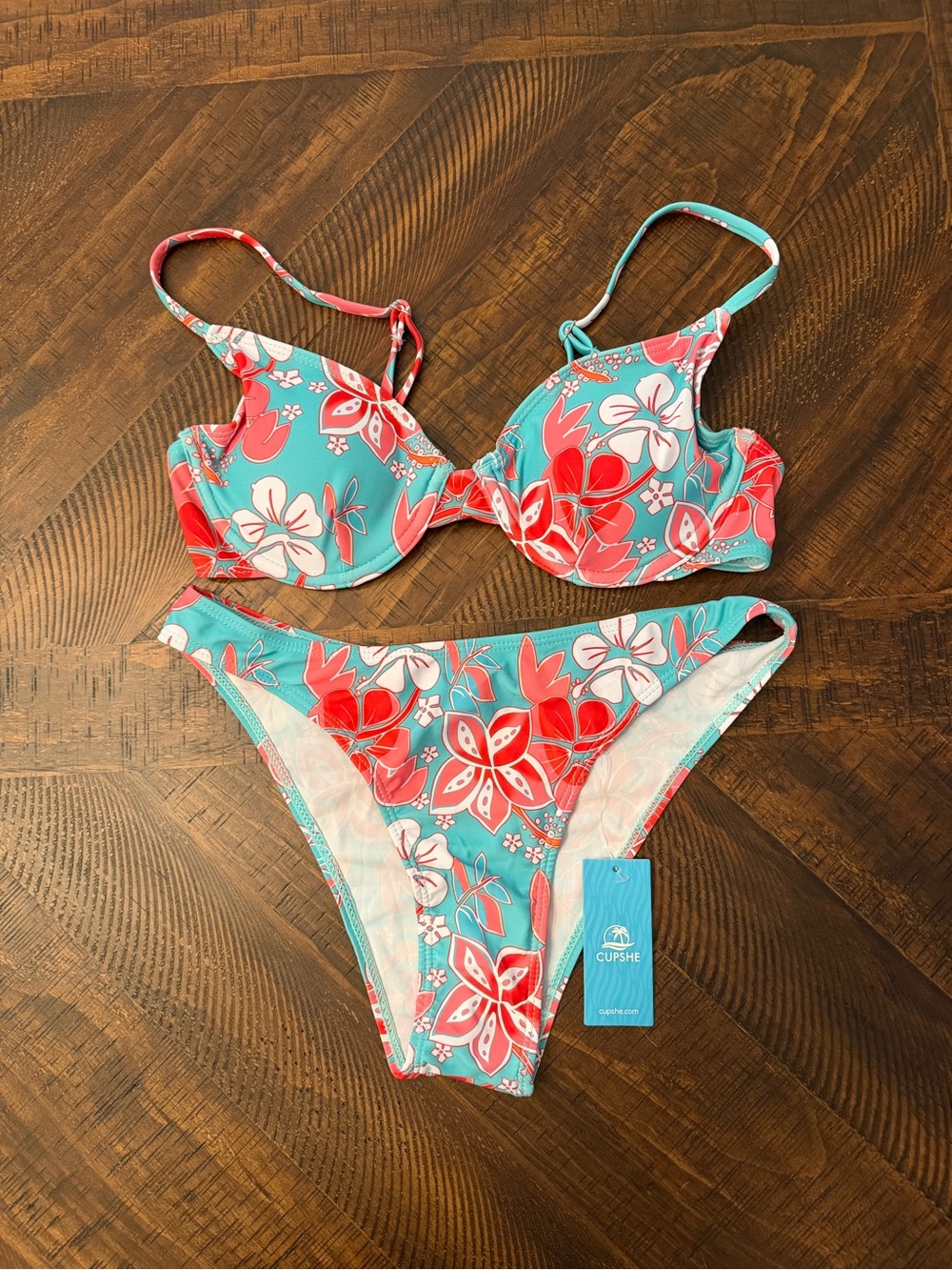 Cupshe Teal and Coral Floral Underwire Bikini Set